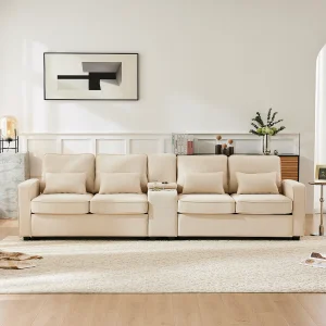 4-zitsbank in linnen met console, bekerhouder, USB-poort, beige 4-zitsbank in linnen met console, bekerhouder, USB-poort, beige
