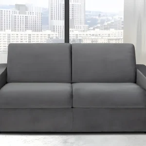 3-zits slaapbank van fluweel CALITO – Antraciet – Slaapafm. 140 cm – matras 18 cm 3-zits slaapbank van fluweel CALITO – Antraciet – Slaapafm. 140 cm – matras 18 cm