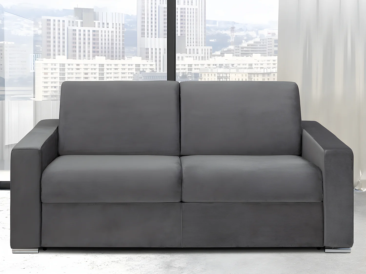 3-zits slaapbank van fluweel CALITO – Antraciet – Slaapafm. 140 cm – matras 18 cm