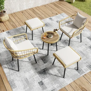5-delige Garden Relax set, bestaande uit 1 eettafel, 2 stoelen, 2 krukken, meubels, rotan, naturel