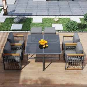 7-delige outdoor tafel en stoel set voor 6 personen, gehard glazen tafel, PE rotan cover, acacia houten armleuningen,zwart 7-delige outdoor tafel en stoel set voor 6 personen, gehard glazen tafel, PE rotan cover, acacia houten armleuningen,zwart