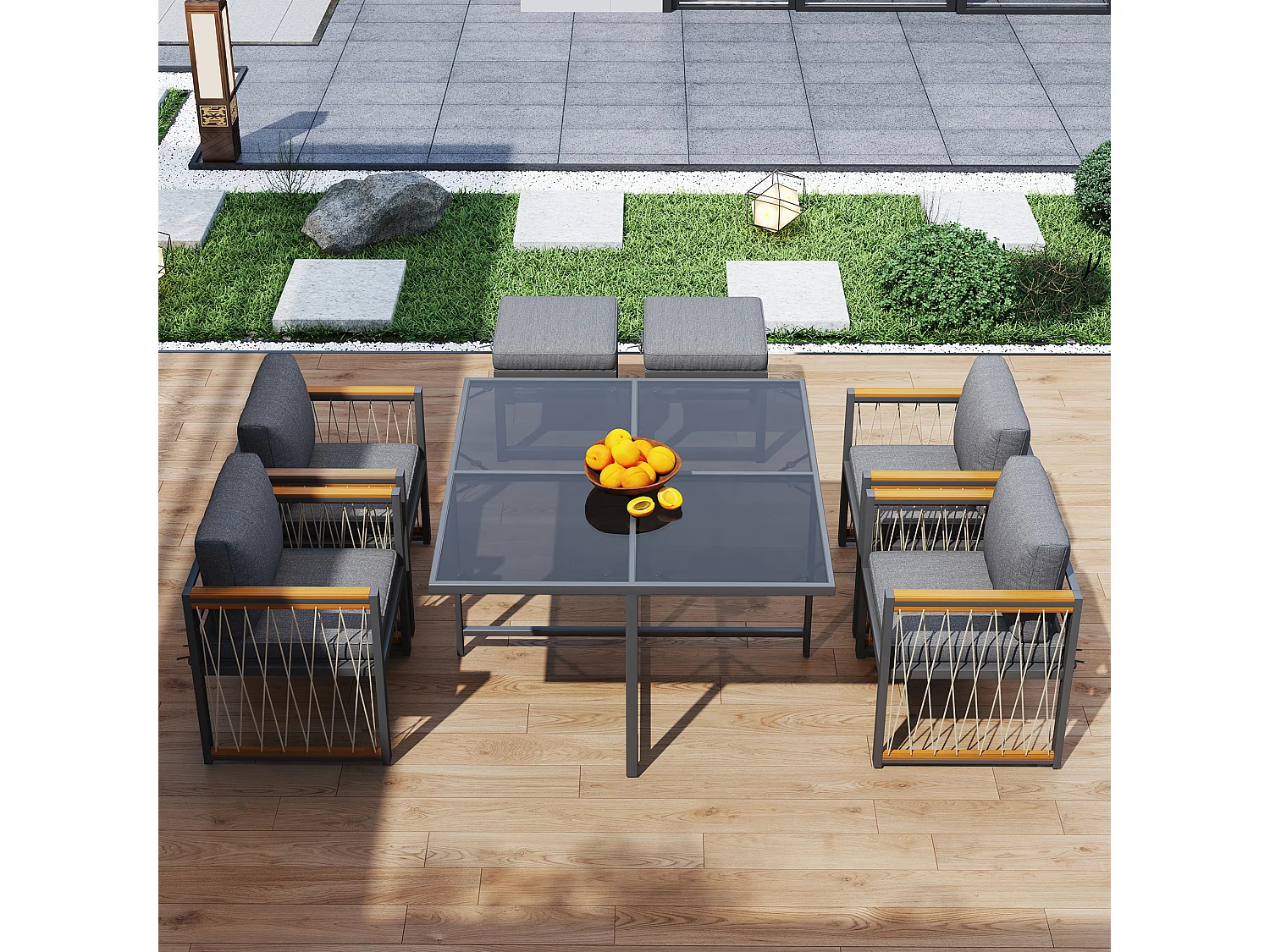 7-delige outdoor tafel en stoel set voor 6 personen, gehard glazen tafel, PE rotan cover, acacia houten armleuningen,zwart