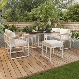 7-delige outdoor tafel en stoel set voor 6 personen, gehard glazen tafel, PE rotan cover, acacia houten armleuningen,wit 7-delige outdoor tafel en stoel set voor 6 personen, gehard glazen tafel, PE rotan cover, acacia houten armleuningen,wit