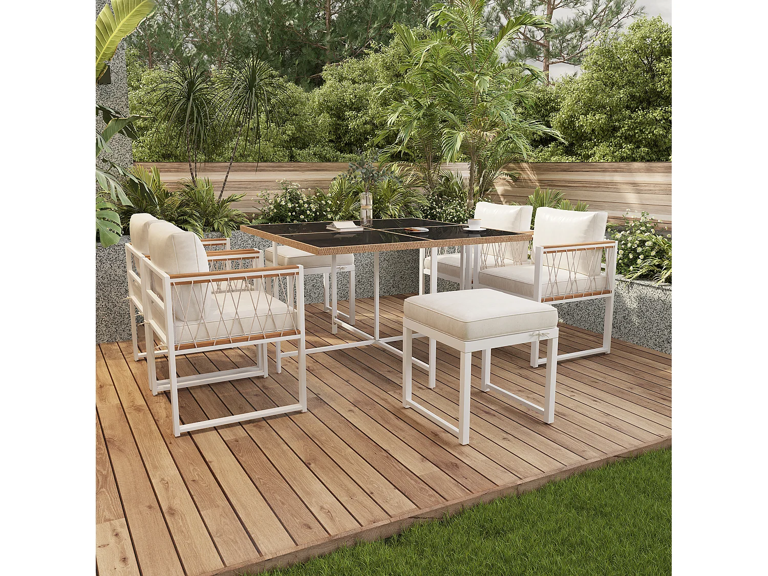 7-delige outdoor tafel en stoel set voor 6 personen, gehard glazen tafel, PE rotan cover, acacia houten armleuningen,wit
