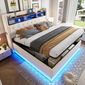 180x200cm Volwassen Opbergbed met LED-verlichting en USB Type-C, Linnen, Beige, Zonder Matras