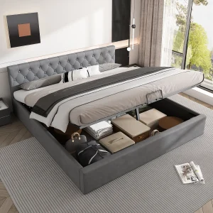 180x200cm Volwassen Opbergbed met Gestoffeerd Hoofdeinde, Grijs Fluweel, Zonder Matras