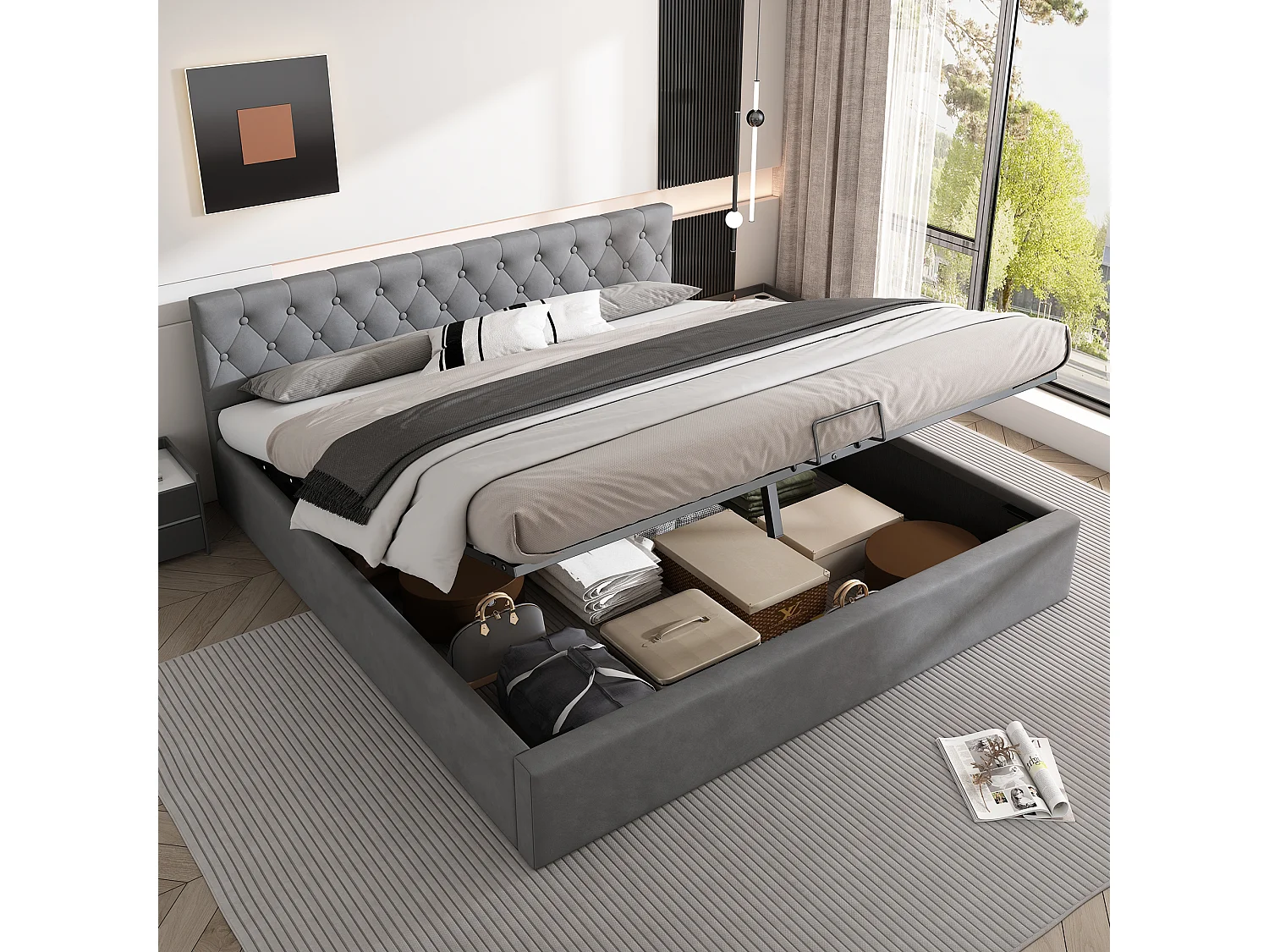 180x200cm Volwassen Opbergbed met Gestoffeerd Hoofdeinde, Grijs Fluweel, Zonder Matras
