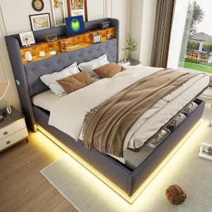 180x200cm Volwassen Opbergbed met LED-verlichting en USB Type-C, Linnen, Grijs, Zonder Matras