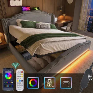 140x200cm Volwassen Opbergbed met LED-verlichting en USB Type-C, Grijs Fluweel, Zonder Matras 140x200cm Volwassen Opbergbed met LED-verlichting en USB Type-C, Grijs Fluweel, Zonder Matras