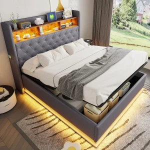 160x200cm Volwassen Opbergbed met LED-verlichting en USB Type-C, Linnen, Grijs, Zonder Matras