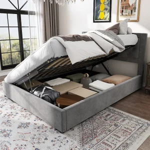 140x200cm Volwassen Opbergbed met Gestoffeerd Hoofdeinde, Grijs Fluweel, Zonder Matras 140x200cm Volwassen Opbergbed met Gestoffeerd Hoofdeinde, Grijs Fluweel, Zonder Matras