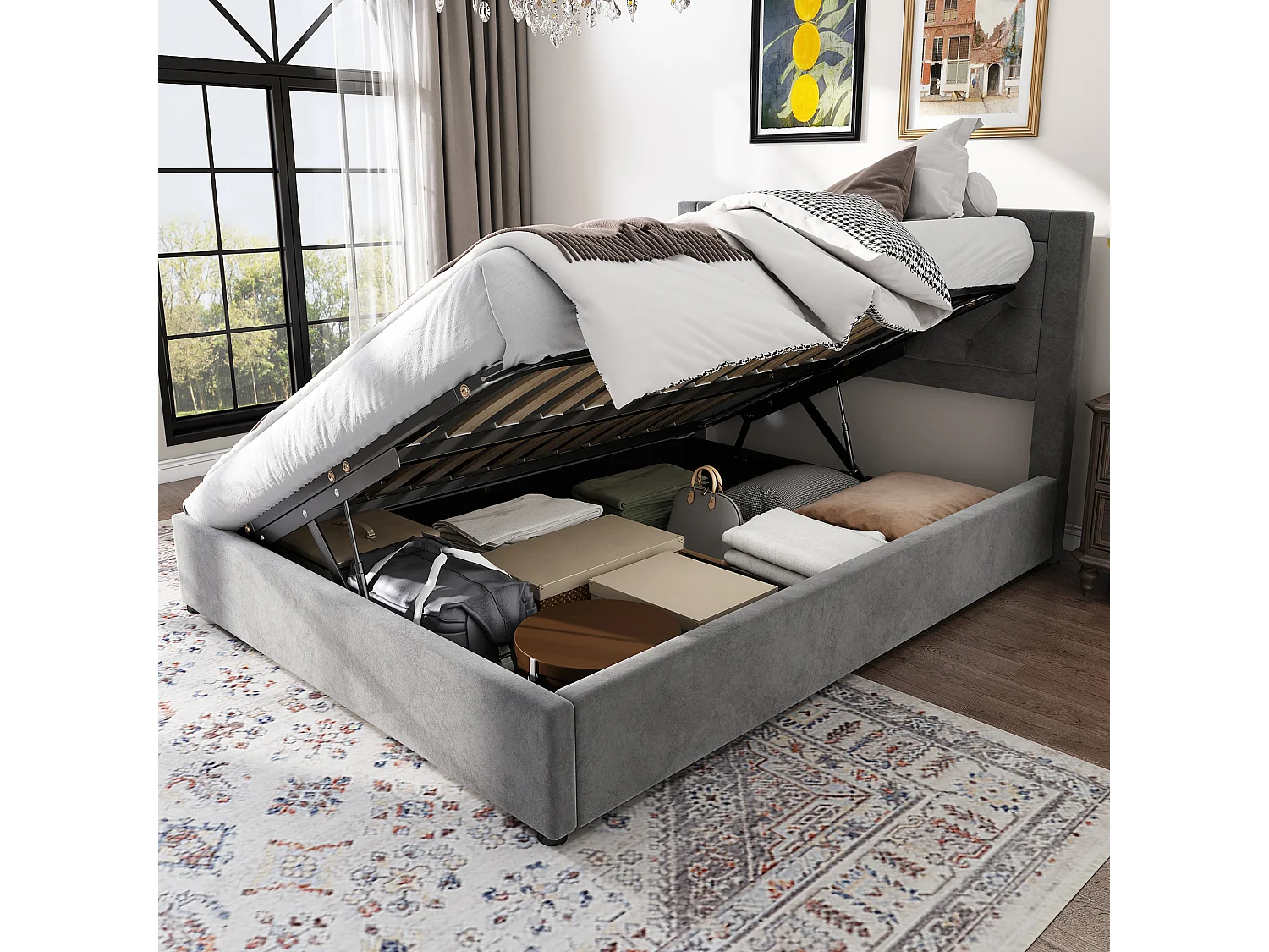 140x200cm Volwassen Opbergbed met Gestoffeerd Hoofdeinde, Grijs Fluweel, Zonder Matras