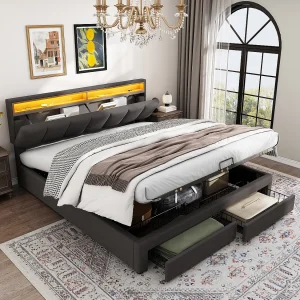 160x200cm Volwassen Opbergbed met LED-verlichting en 2 Lades, Linnen, Grijs, Zonder Matras 160x200cm Volwassen Opbergbed met LED-verlichting en 2 Lades, Linnen, Grijs, Zonder Matras