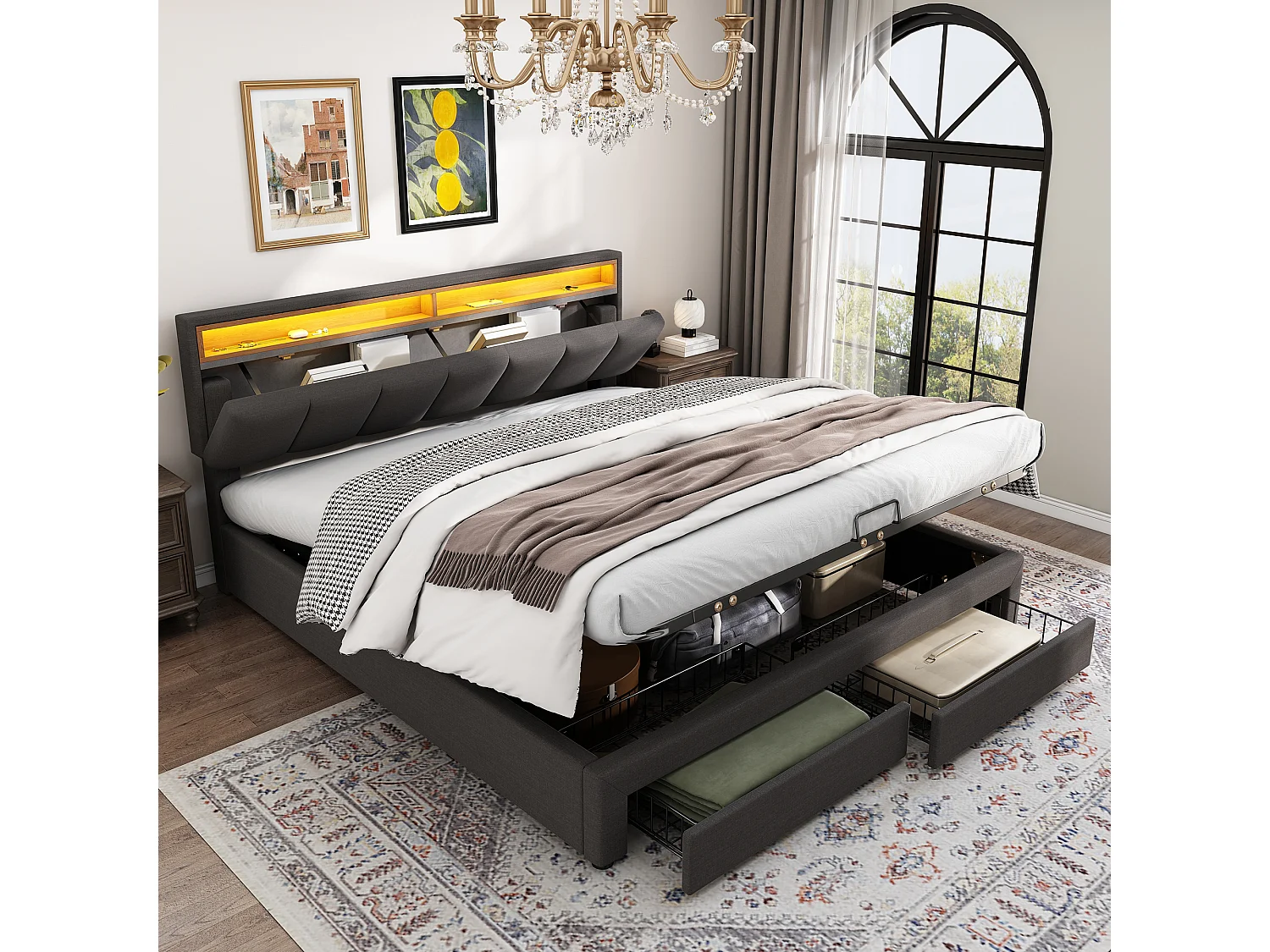 160x200cm Volwassen Opbergbed met LED-verlichting en 2 Lades, Linnen, Grijs, Zonder Matras