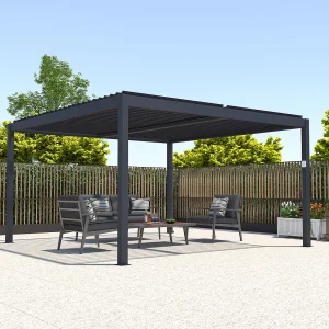 Zelfdragende elektrische pergola van aluminium met draaibare lamellen 15,6 m² antracietgrijs AMADORA Zelfdragende elektrische pergola van aluminium met draaibare lamellen 15,6 m² antracietgrijs AMADORA