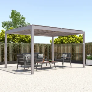 Zelfdragende elektrische pergola van aluminium met draaibare lamellen 12 m² taupegrijs AMADORA Zelfdragende elektrische pergola van aluminium met draaibare lamellen 12 m² taupegrijs AMADORA
