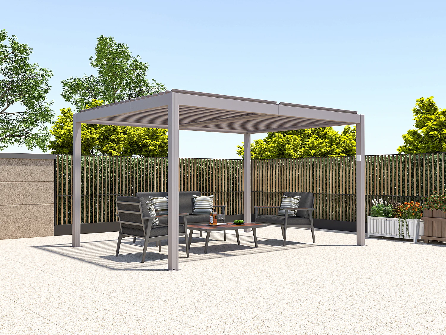 Zelfdragende elektrische pergola van aluminium met draaibare lamellen 12 m² taupegrijs AMADORA