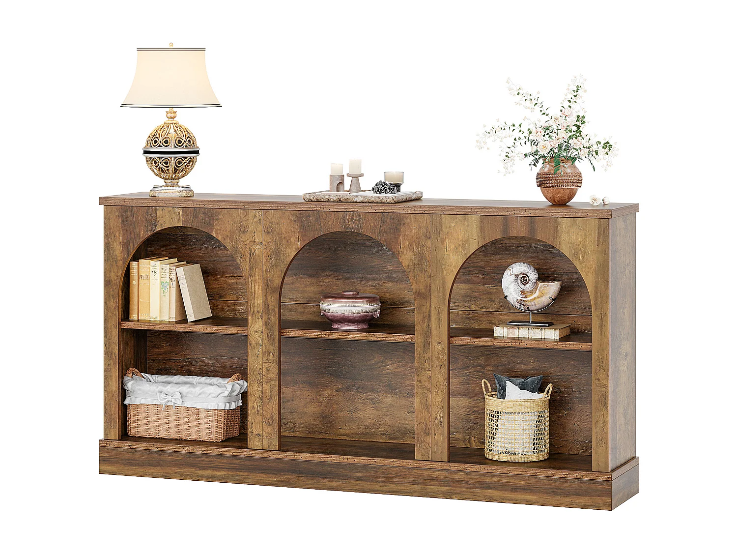 160 cm lange consoletafel in rustieke stijl met 3 opbergvakken, bruin