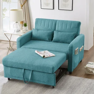 2-zits uitschuifbare slaapbank – 95 x 120 cm – verstelbare rugleuning – stof van katoen en linnen – blauw 2-zits uitschuifbare slaapbank – 95 x 120 cm – verstelbare rugleuning – stof van katoen en linnen – blauw