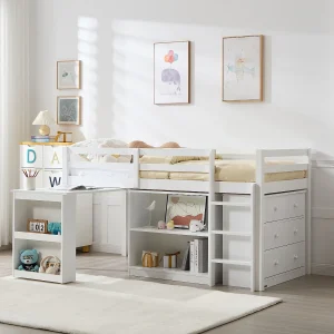 Stapelbed 90 x 190 cm met opbergruimte en bureau in den en MDF wit + matras – ABRENO