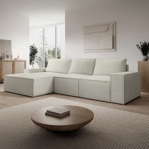 Grote hoekslaapbank met hoek links van beige ribfluweel AMELIA Grote hoekslaapbank met hoek links van beige ribfluweel AMELIA