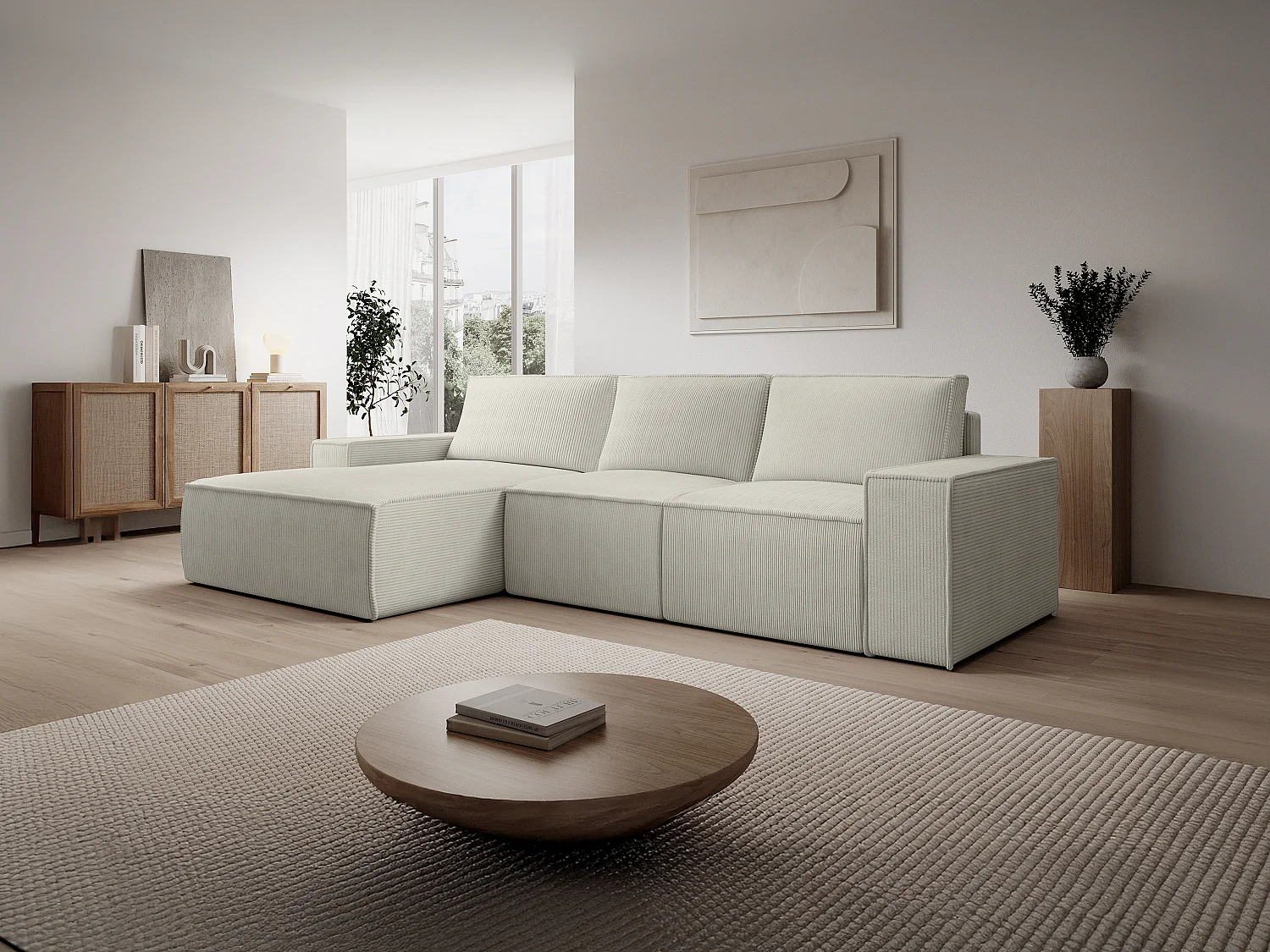 Grote hoekslaapbank met hoek links van beige ribfluweel AMELIA