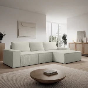 Grote hoekslaapbank met hoek rechts van beige ribfluweel AMELIA Grote hoekslaapbank met hoek rechts van beige ribfluweel AMELIA