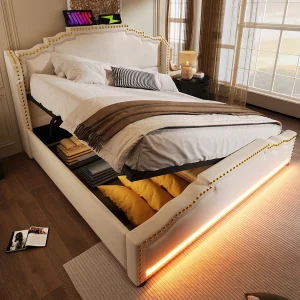 140x200cm Volwassen Opbergbed met LED-verlichting en USB Type-C, Beige Fluweel, Zonder Matras 140x200cm Volwassen Opbergbed met LED-verlichting en USB Type-C, Beige Fluweel, Zonder Matras