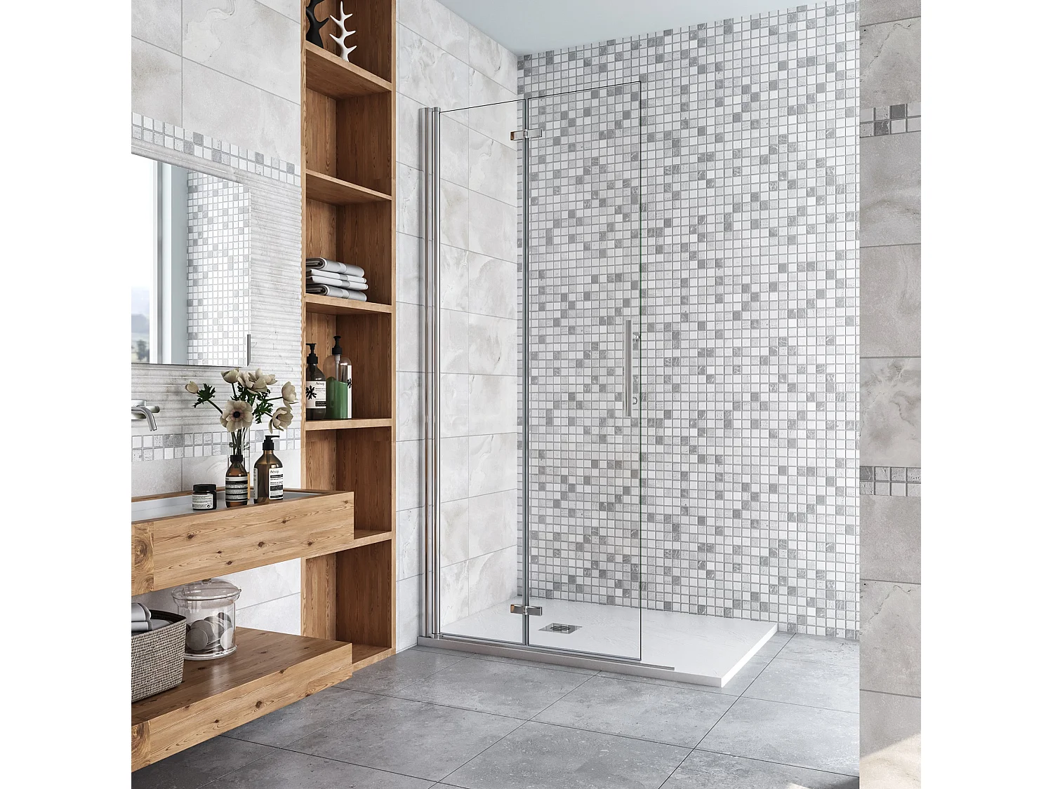 96x195cm Douchewand-Inloopdouche vouwdeur 6mm NANO EasyClean veiligheidsglas profiel van glanzend chroom.