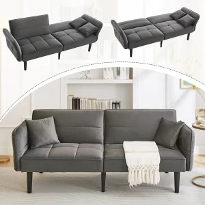 2-in-1 verstelbare slaapbank – 176 x 78 x 76 cm – 2-zits – met opklapbare armleuningen – Fluweel – Grijs 2-in-1 verstelbare slaapbank – 176 x 78 x 76 cm – 2-zits – met opklapbare armleuningen – Fluweel – Grijs