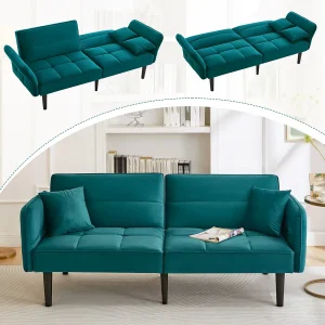 2-in-1 verstelbare slaapbank – 176 x 78 x 76 cm – 2-zits – met opklapbare armleuningen – Fluweel – Groen 2-in-1 verstelbare slaapbank – 176 x 78 x 76 cm – 2-zits – met opklapbare armleuningen – Fluweel – Groen