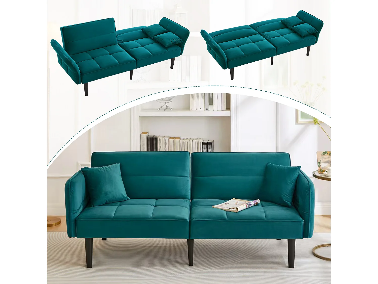 2-in-1 verstelbare slaapbank – 176 x 78 x 76 cm – 2-zits – met opklapbare armleuningen – Fluweel – Groen