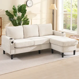 3-zits L-vormige gestoffeerde bank – 202 x 137 x 80 cm – met USB- en Type-C-aansluitingen + 2 bekerhouders – linnen – beige