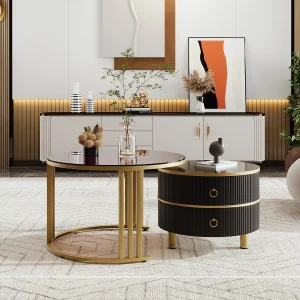 2-in-1 ronde salontafel – 70 x 70 x 46 cm + 50 x 50 x 40 cm – Salontafelcombinatie met 2 lades – MDF – zwart 2-in-1 ronde salontafel – 70 x 70 x 46 cm + 50 x 50 x 40 cm – Salontafelcombinatie met 2 lades – MDF – zwart