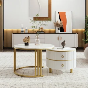 2-in-1 ronde salontafel – 70 x 70 x 46 cm + 50 x 50 x 40 cm – salontafelcombinatie met 2 lades – MDF – wit 2-in-1 ronde salontafel – 70 x 70 x 46 cm + 50 x 50 x 40 cm – salontafelcombinatie met 2 lades – MDF – wit