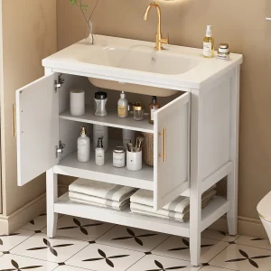Badkamermeubel – 80 x 47 x 90 cm – met 1 deur + planken + geïntegreerde keramische spoelbak – Keramiek + MDF – grijs Badkamermeubel – 80 x 47 x 90 cm – met 1 deur + planken + geïntegreerde keramische spoelbak – Keramiek + MDF – grijs