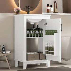 Badkamermeubel – 48 x 33 x 83 cm – met 1 deur + planken + geïntegreerde keramische wastafel – Keramiek + MDF – Wit Badkamermeubel – 48 x 33 x 83 cm – met 1 deur + planken + geïntegreerde keramische wastafel – Keramiek + MDF – Wit