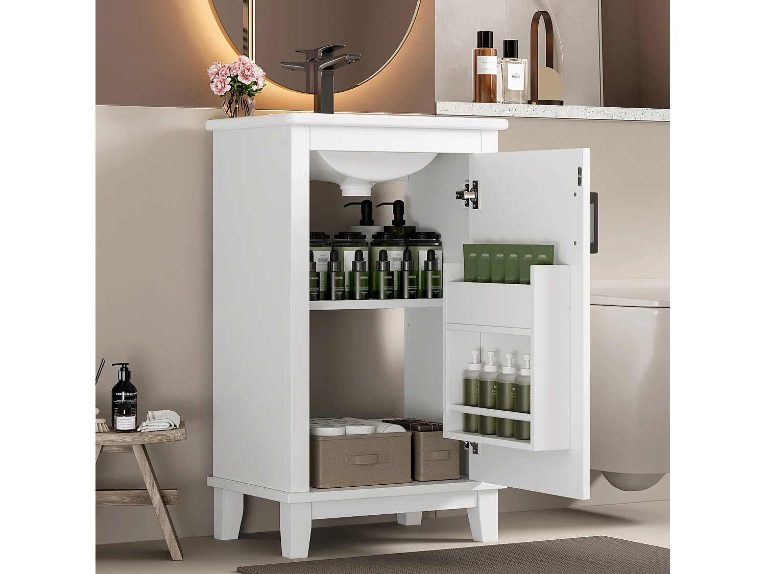 Badkamermeubel - 48 x 33 x 83 cm - met 1 deur + planken + geïntegreerde keramische wastafel - Keramiek + MDF - Wit
