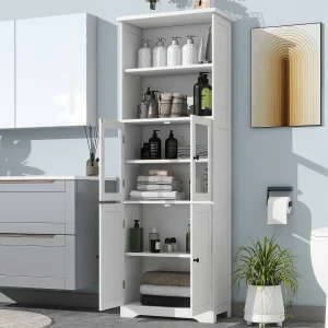 Badkamermeubel – 57,5 x 28,5 x 160 cm – met 2 glazen deuren + 2 houten deuren + 2 open opbergvakken – MDF – Wit Badkamermeubel – 57,5 x 28,5 x 160 cm – met 2 glazen deuren + 2 houten deuren + 2 open opbergvakken – MDF – Wit
