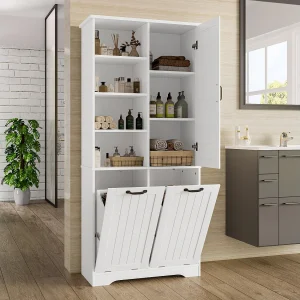 Badkamerkolom – 78 x 35 x 172 cm – met wasmand + 4 vakken + 1 deur – DMF – Wit Badkamerkolom – 78 x 35 x 172 cm – met wasmand + 4 vakken + 1 deur – DMF – Wit