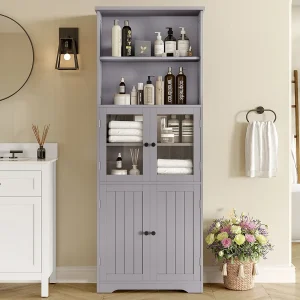 Badkamerkast – 57,5 ​​x 28,5 x 160 cm – met 2 glazen deuren + 2 houten deuren + 2 open opbergvakken – MDF – Grijs
