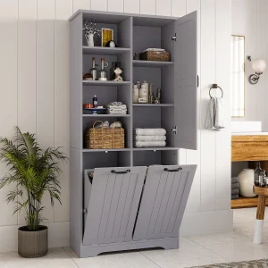 Badkamermeubel – 78 x 35 x 172 cm – met wasmand + 4 vakken + 1 deur – DMF – grijs Badkamermeubel – 78 x 35 x 172 cm – met wasmand + 4 vakken + 1 deur – DMF – grijs