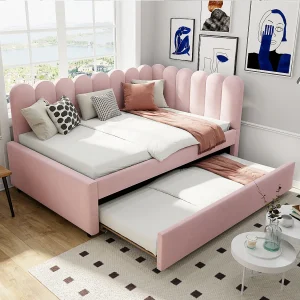 2-in-1 gestoffeerde slaapbank voor kinderen – 140 x 200 cm + 90 x 190 cm – L-vormig – Fluweel + multiplex + MDF – roze
