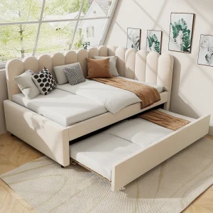 2-in-1 gestoffeerde slaapbank voor kinderen – 140 x 200 cm + 90 x 190 cm – L-vormig – Fluweel + multiplex + MDF – beige
