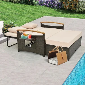 3-in-1 tuinbed met bijzettafel, 4-traps verstelbare rugleuning, slaapfunctie en zijplanken, tuinmeubelen voor zwembad, terrassenTI93849 3-in-1 tuinbed met bijzettafel, 4-traps verstelbare rugleuning, slaapfunctie en zijplanken, tuinmeubelen voor zwembad, terrassenTI93849