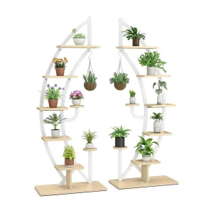 6-traps metalen plantenstandaard in halve maanvorm, bloemenrek met 2 kleine planken en bovenste haken, ladder-plantenrek,bloempotstandaard voor tuin, woonkamer