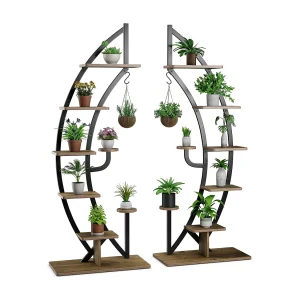 6-traps metalen plantenstandaard in halve maanvorm, bloemenrek met 2 kleine planken en bovenste haken,bloempotstandaard voor tuin, woonkamer (1 stuks)TL32291
