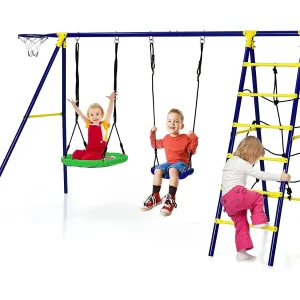 5-in-1 schommelset met 2 schommels, basketbalmand, klimnet en klimladder, kinderschommel met frame, tuinschommel, schommelframe met dubbele schommel voor tuin, erf 5-in-1 schommelset met 2 schommels, basketbalmand, klimnet en klimladder, kinderschommel met frame, tuinschommel, schommelframe met dubbele schommel voor tuin, erf