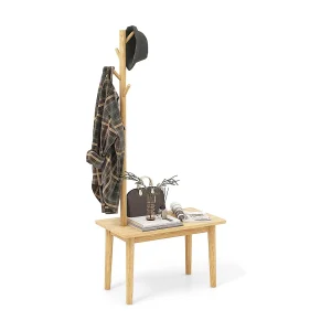 3-in-1 bijzettafel van massief hout, kapstok met schoenenbank en 3 haken, vrijstaande kledingstandaard, multifunctioneel voor slaapkamer, woonkamer(natuur)VH33674 3-in-1 bijzettafel van massief hout, kapstok met schoenenbank en 3 haken, vrijstaande kledingstandaard, multifunctioneel voor slaapkamer, woonkamer(natuur)VH33674
