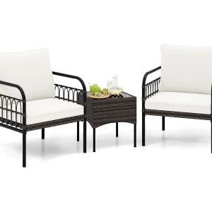 3-delige rotan stoelset, tuinstoel,terrasstoelen, metalen frame met glazen bijzettafel en kussens, gesprekset,tuinmeubelset voor tuin,achtertuin en zwembad TI93705 3-delige rotan stoelset, tuinstoel,terrasstoelen, metalen frame met glazen bijzettafel en kussens, gesprekset,tuinmeubelset voor tuin,achtertuin en zwembad TI93705